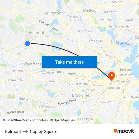 Belmont to Copley Square map