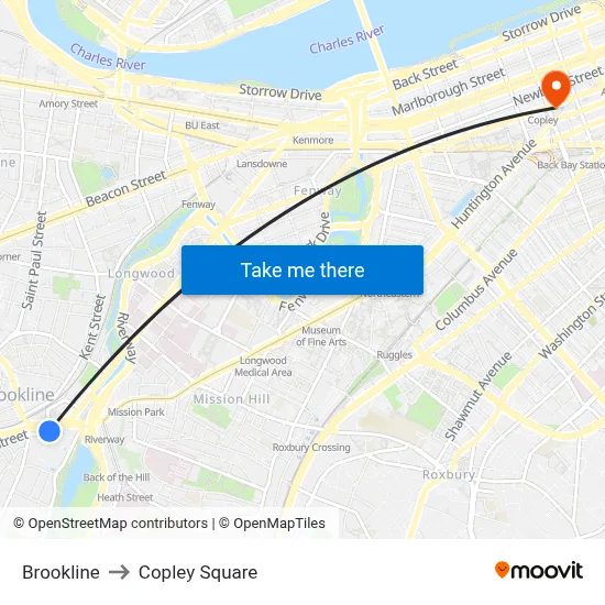 Brookline to Copley Square map