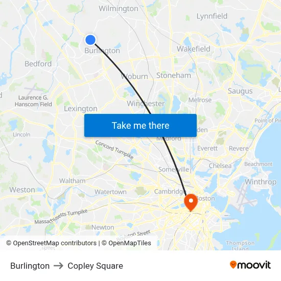 Burlington to Copley Square map