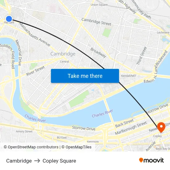 Cambridge to Copley Square map