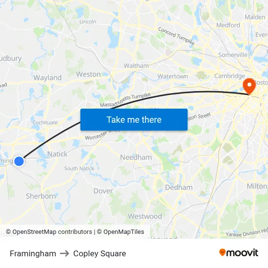 Framingham to Copley Square map