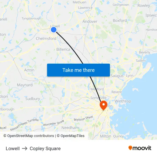 Lowell to Copley Square map