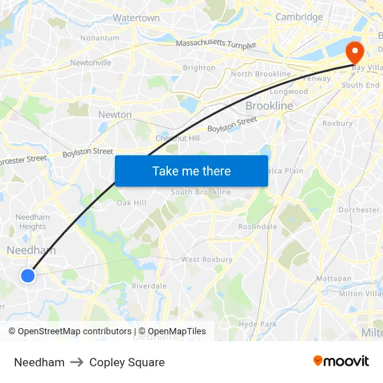Needham to Copley Square map