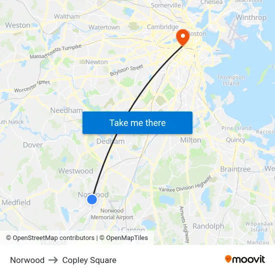 Norwood to Copley Square map