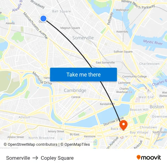 Somerville to Copley Square map