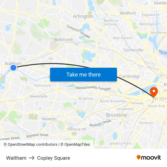 Waltham to Copley Square map