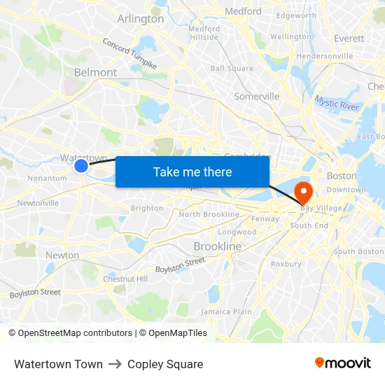 Watertown Town to Copley Square map