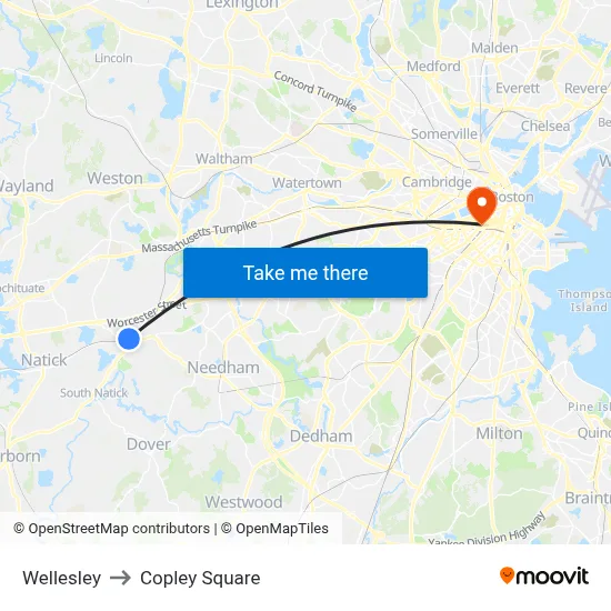Wellesley to Copley Square map