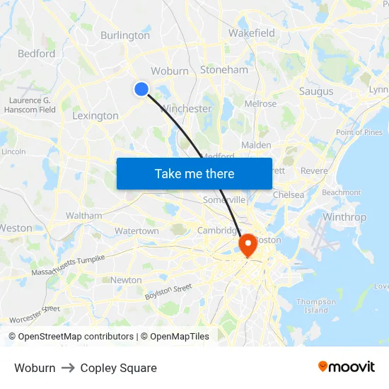 Woburn to Copley Square map