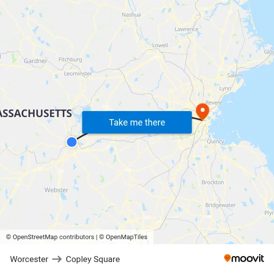 Worcester to Copley Square map