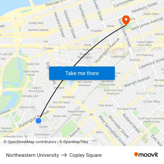 Northeastern University to Copley Square map