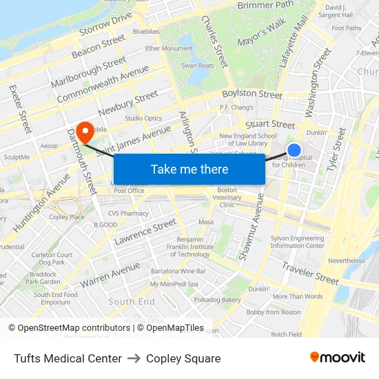 Tufts Medical Center to Copley Square map