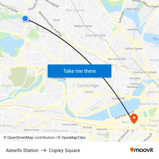 Alewife Station to Copley Square map