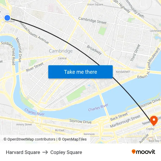 Harvard Square to Copley Square map