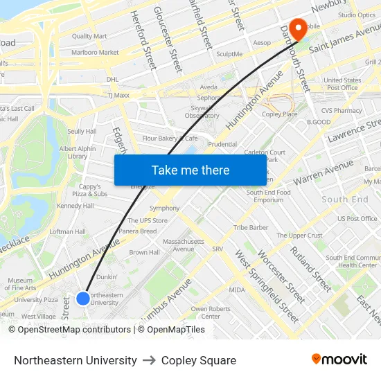 Northeastern University to Copley Square map