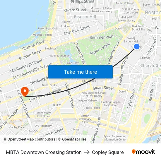 MBTA Downtown Crossing Station to Copley Square map