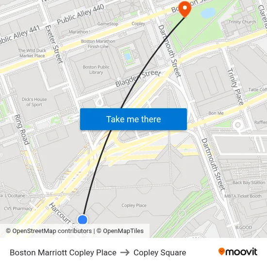 Boston Marriott Copley Place to Copley Square map