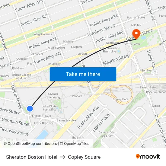 Sheraton Boston Hotel to Copley Square map