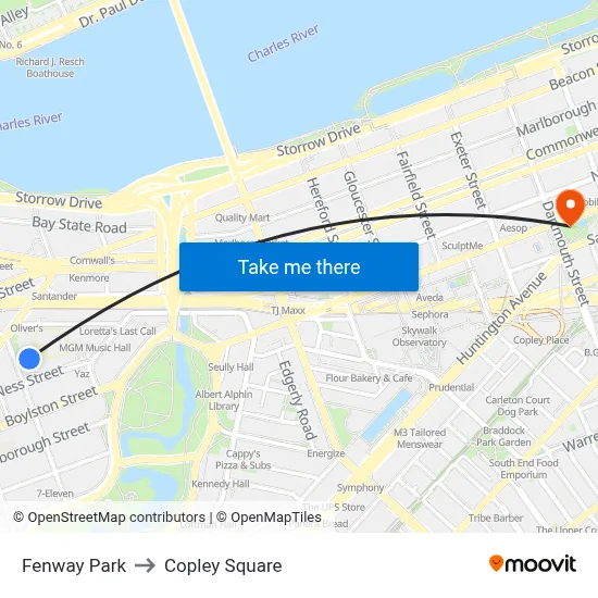 Fenway Park to Copley Square map