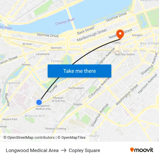Longwood Medical Area to Copley Square map