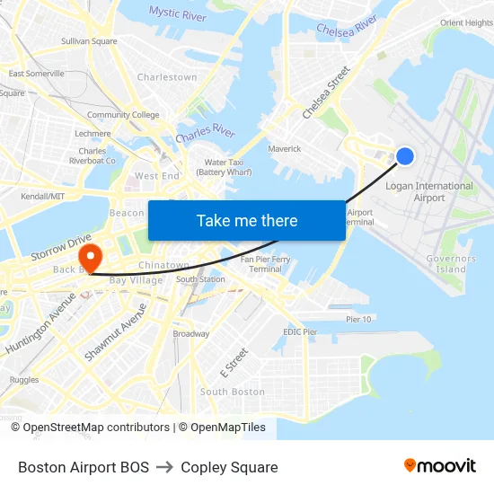 Boston Airport BOS to Copley Square map