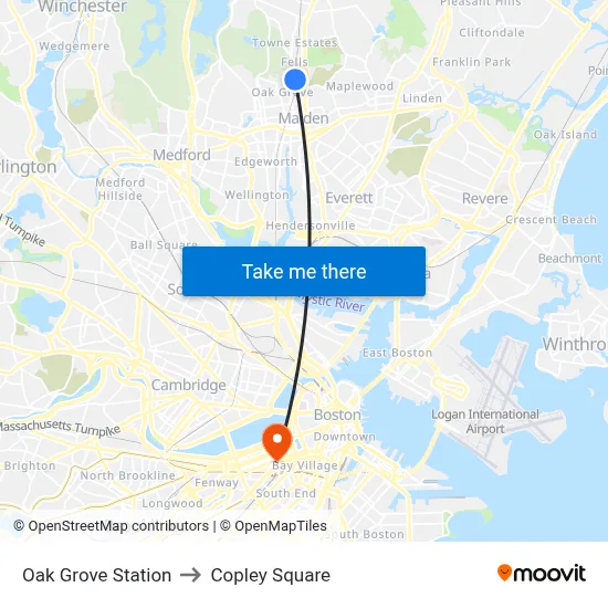 Oak Grove Station to Copley Square map