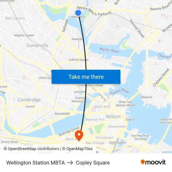 Wellington Station MBTA to Copley Square map