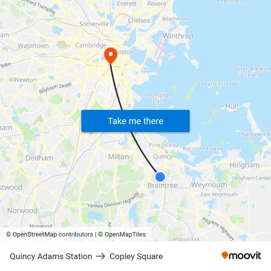 Quincy Adams Station to Copley Square map