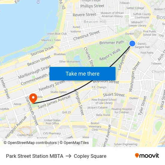 Park Street Station MBTA to Copley Square map
