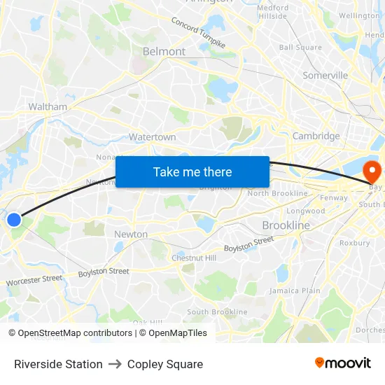 Riverside Station to Copley Square map