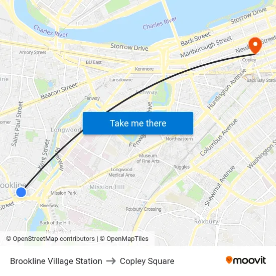 Brookline Village Station to Copley Square map