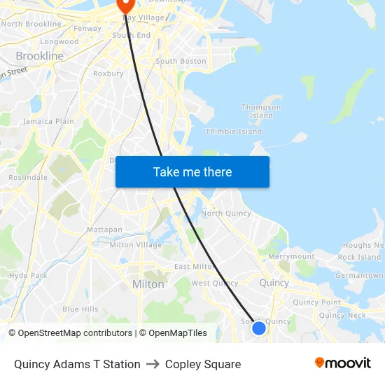 Quincy Adams T Station to Copley Square map