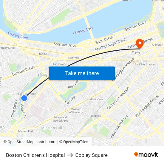 Boston Children's Hospital to Copley Square map