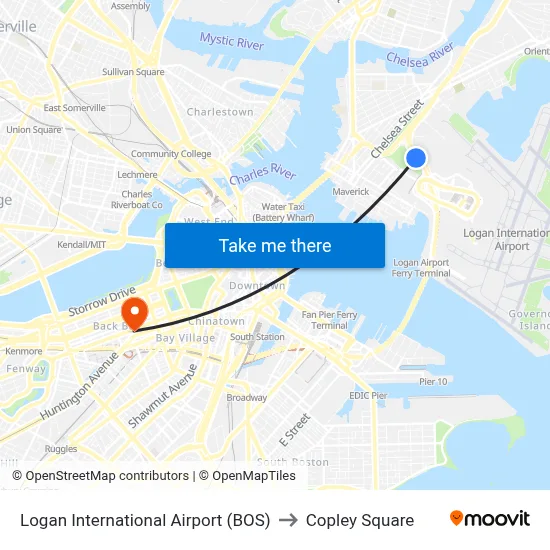 Logan International Airport (BOS) to Copley Square map