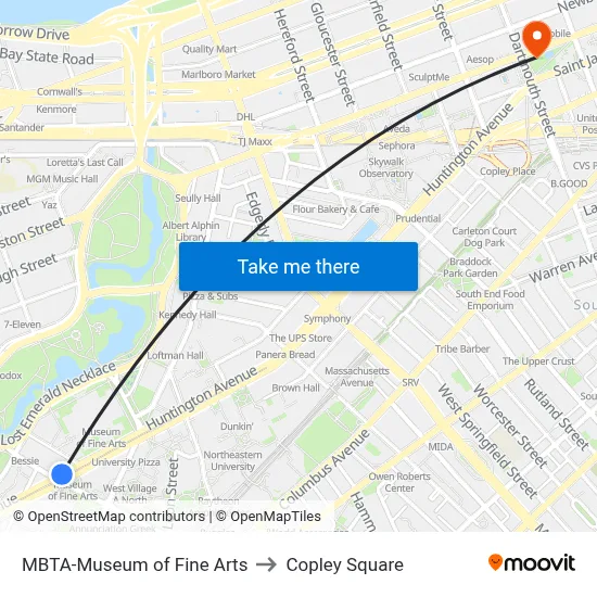 MBTA-Museum of Fine Arts to Copley Square map