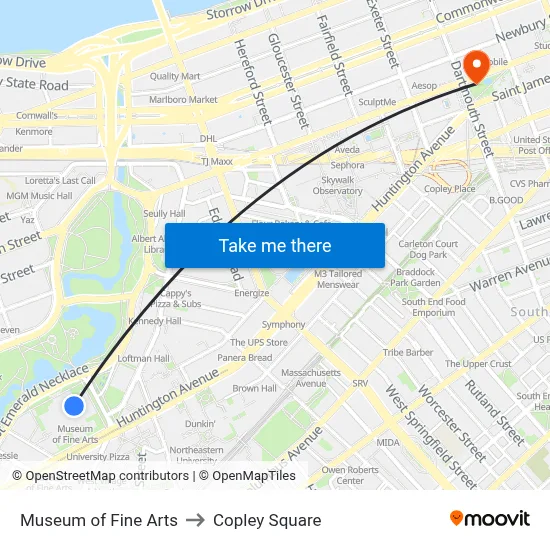 Museum of Fine Arts to Copley Square map