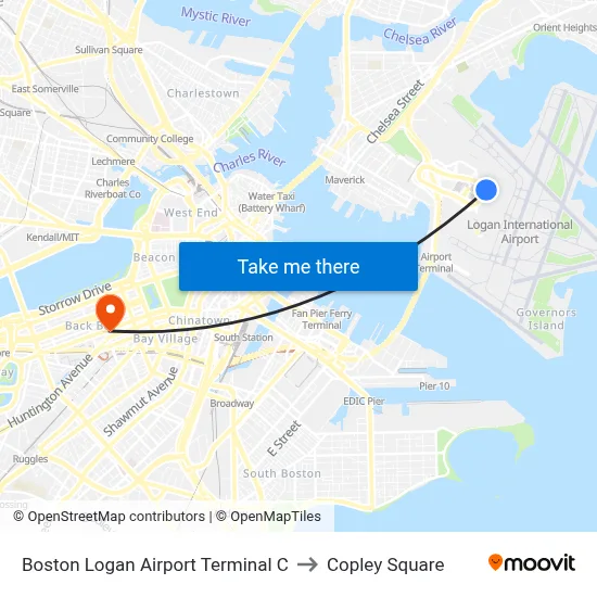 Boston Logan Airport Terminal C to Copley Square map