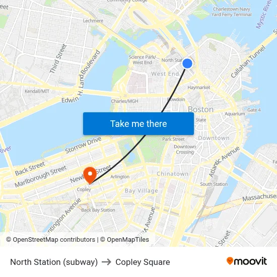 North Station (subway) to Copley Square map