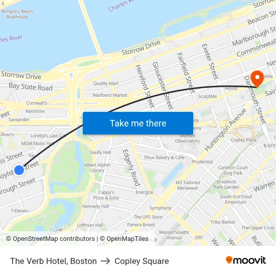 The Verb Hotel, Boston to Copley Square map