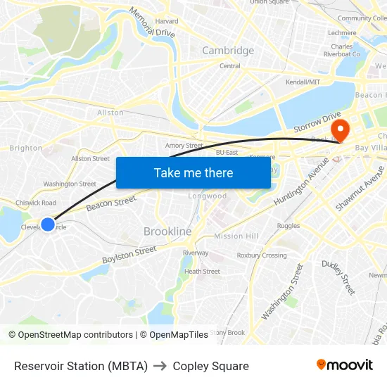Reservoir Station (MBTA) to Copley Square map