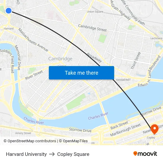 Harvard University to Copley Square map