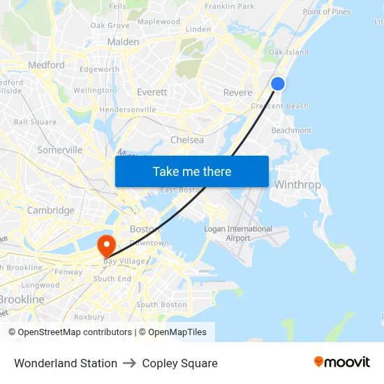 Wonderland Station, 1300 North Shore to Copley Square map