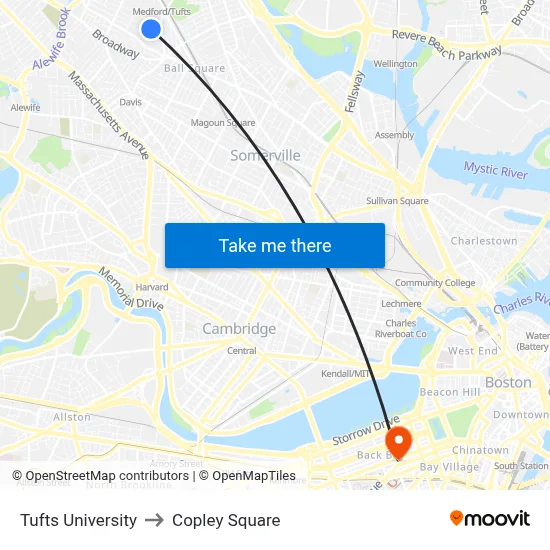 Tufts University, 40 Talbot Ave to Copley Square map