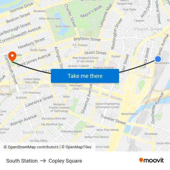 South Station to Copley Square map