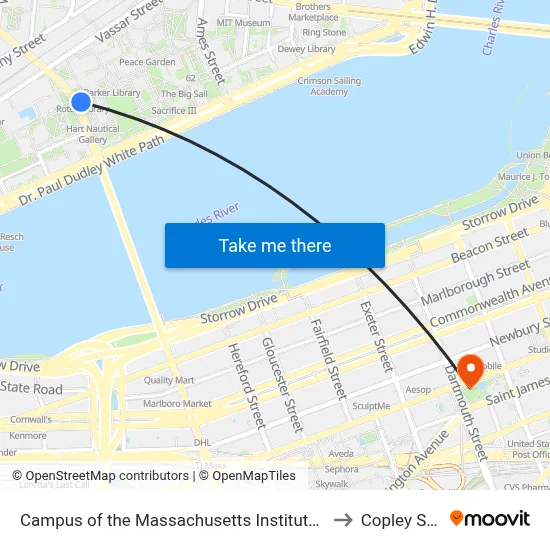 Campus of the Massachusetts Institute of Technology to Copley Square map