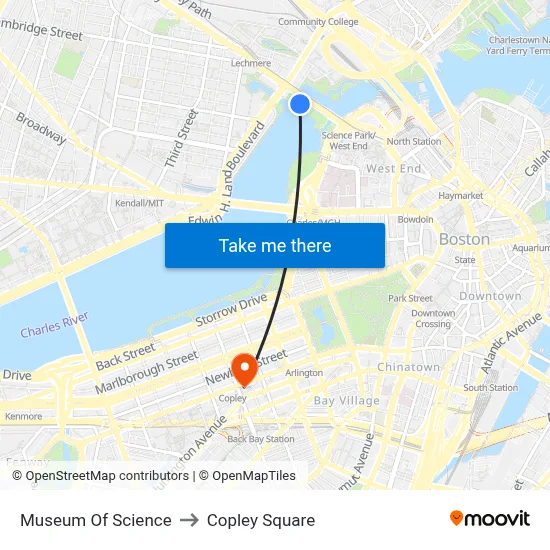 Museum Of Science to Copley Square map
