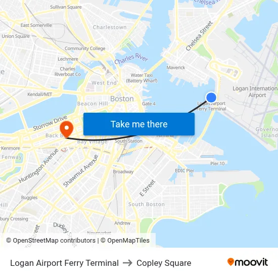 Logan Airport Ferry Terminal to Copley Square map