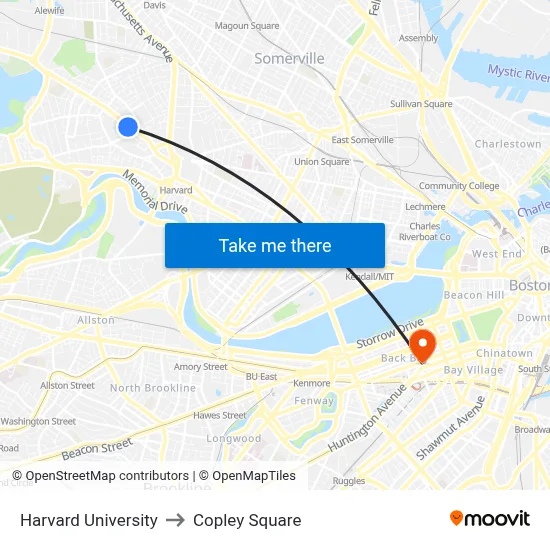 Harvard University to Copley Square map