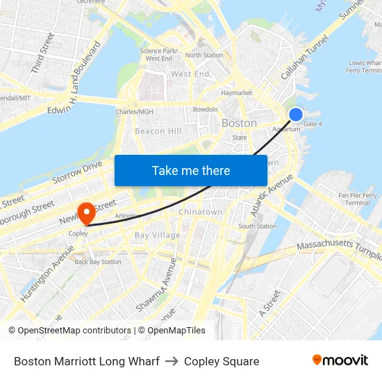 Boston Marriott Long Wharf to Copley Square map