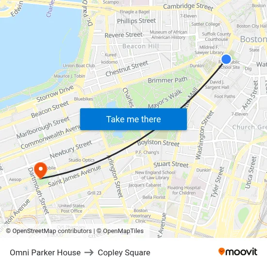 Omni Parker House to Copley Square map